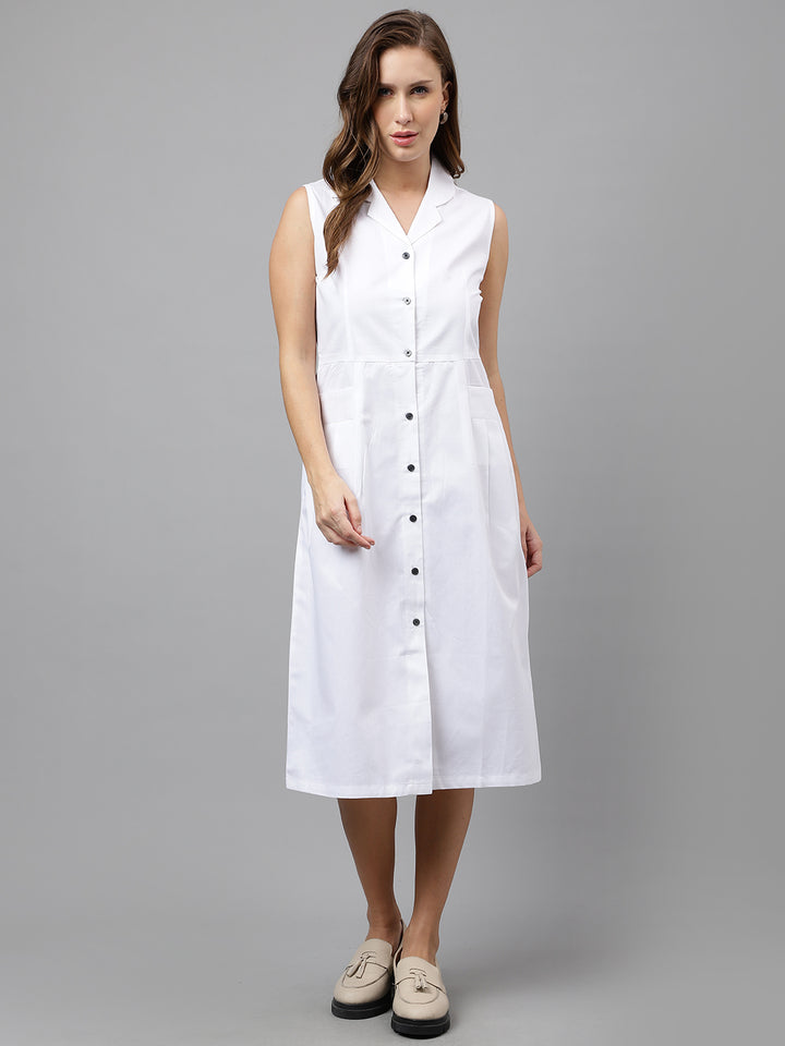 Women White Pure Cotton Solid Mid Length Sleeveless Regular Fit Formal A-line Dress