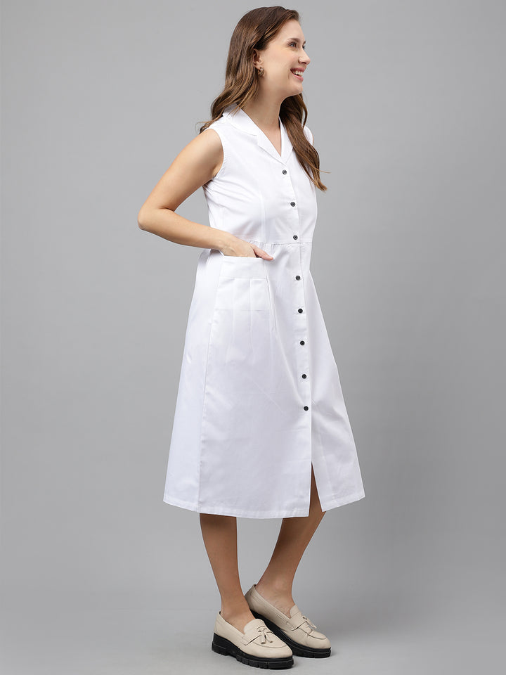 Women White Pure Cotton Solid Mid Length Sleeveless Regular Fit Formal A-line Dress
