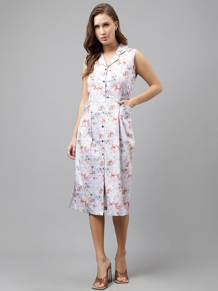 Women White & Pink Pure Cotton Floral Printed Mid Length Sleeveless Regular Fit Formal A-line Dress