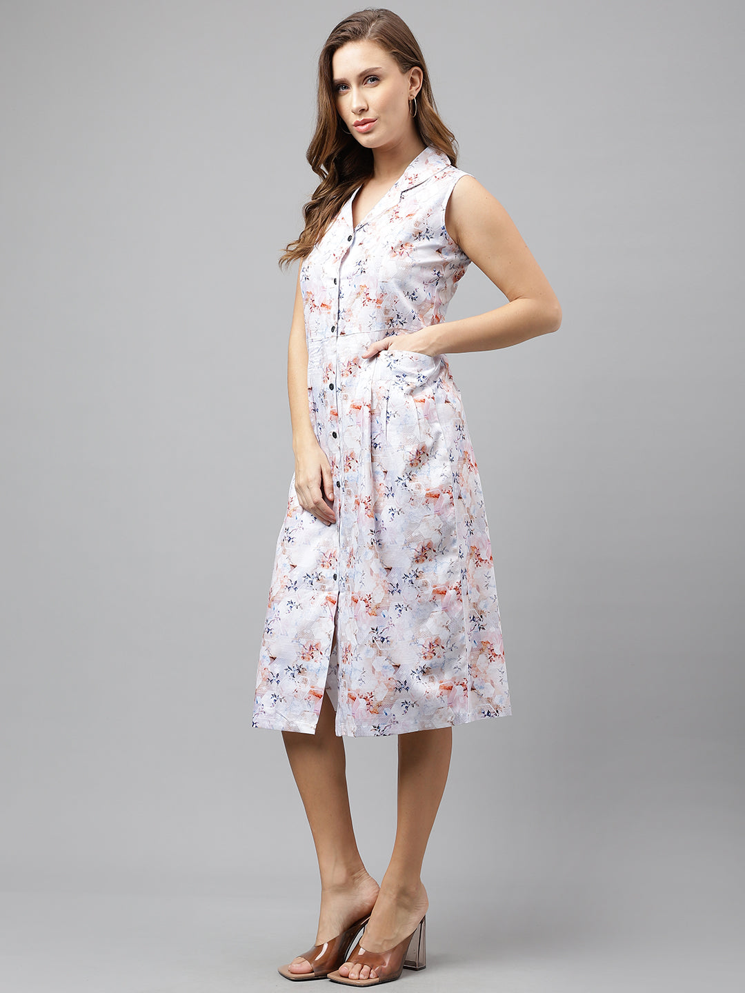 Women White & Pink Pure Cotton Floral Printed Mid Length Sleeveless Regular Fit Formal A-line Dress