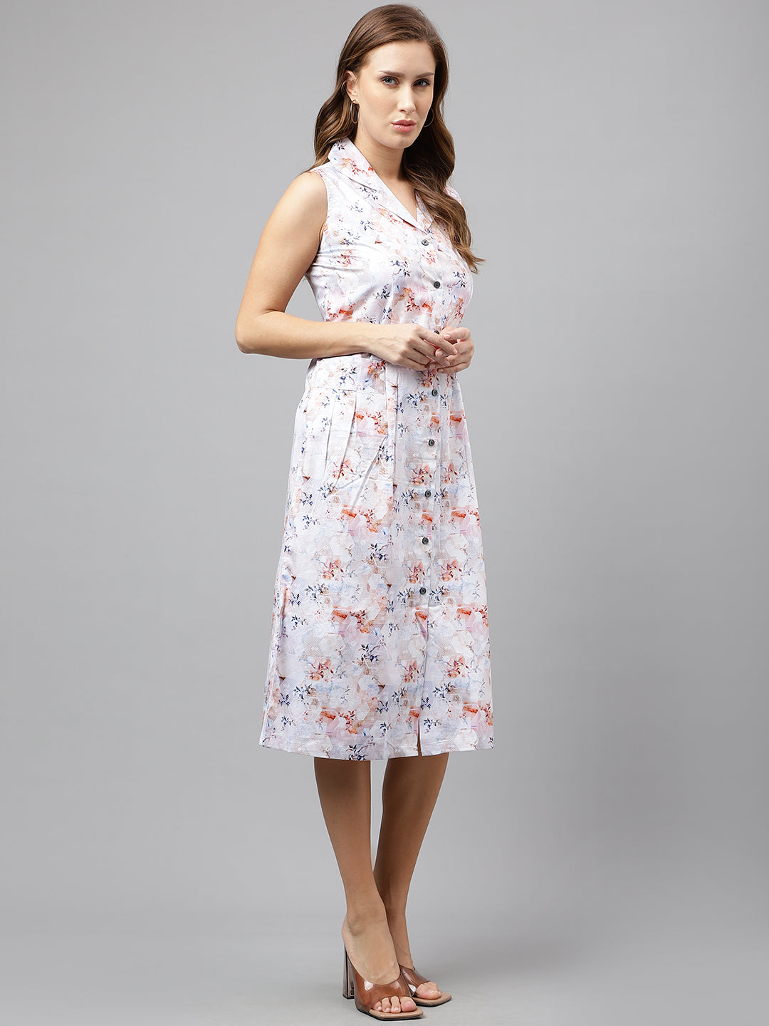 Women White & Pink Pure Cotton Floral Printed Mid Length Sleeveless Regular Fit Formal A-line Dress