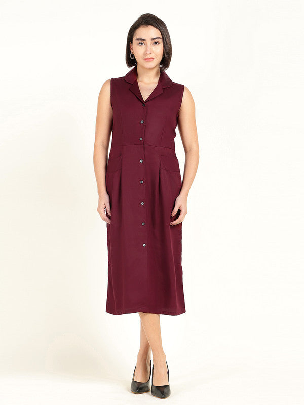 Women Maroon Solid Lapel Collar Viscose Rayon Sleeveless Dress