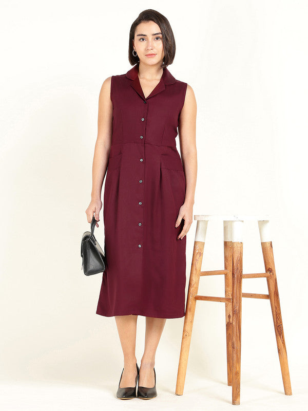 Women Maroon Solid Lapel Collar Viscose Rayon Sleeveless Dress