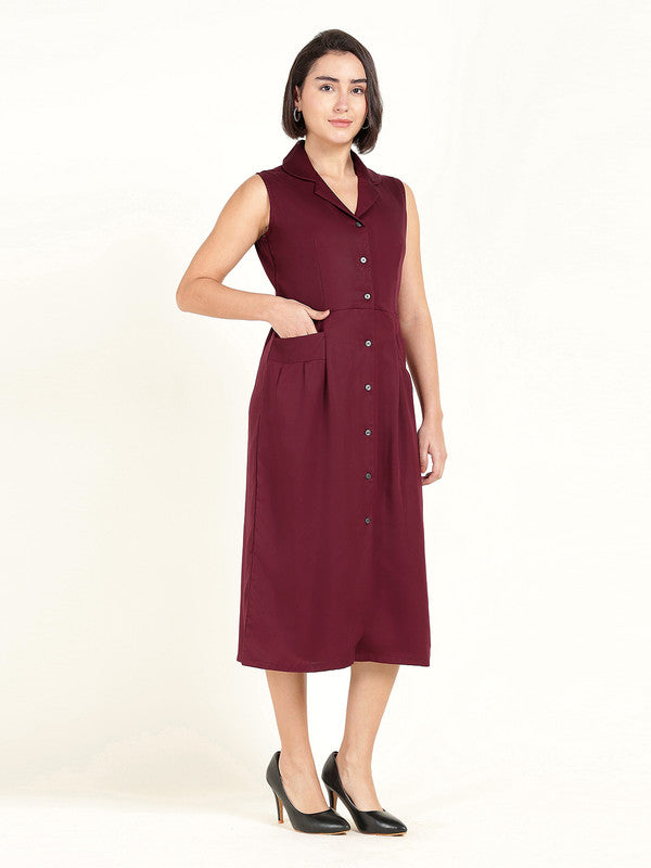Women Maroon Solid Lapel Collar Viscose Rayon Sleeveless Dress