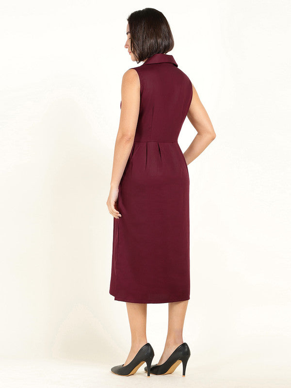 Women Maroon Solid Lapel Collar Viscose Rayon Sleeveless Dress
