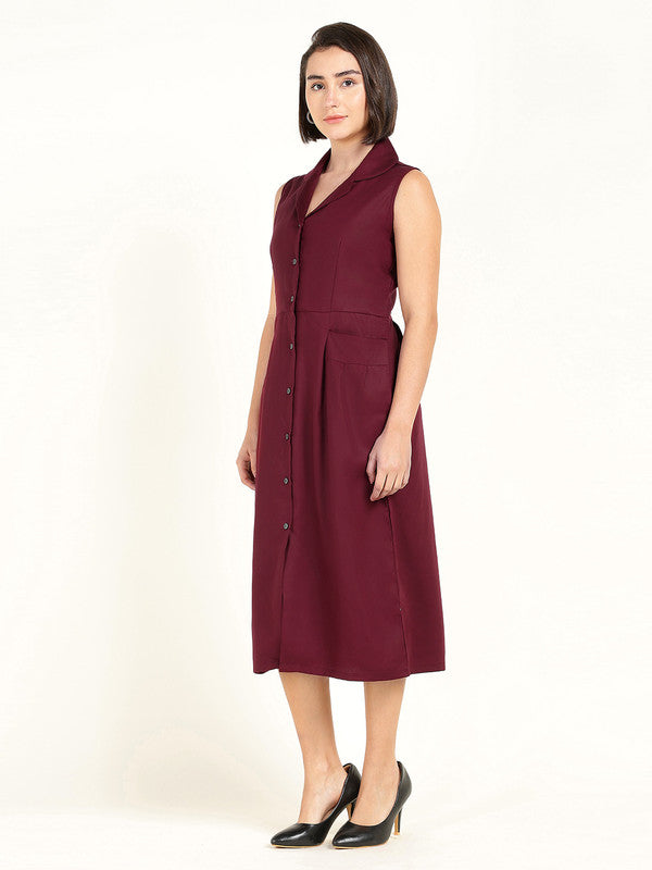 Women Maroon Solid Lapel Collar Viscose Rayon Sleeveless Dress