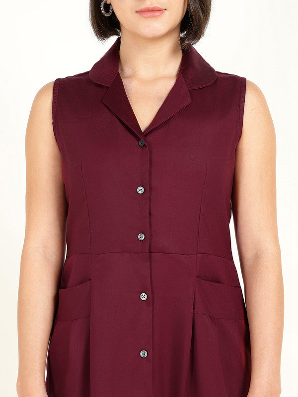 Women Maroon Solid Lapel Collar Viscose Rayon Sleeveless Dress