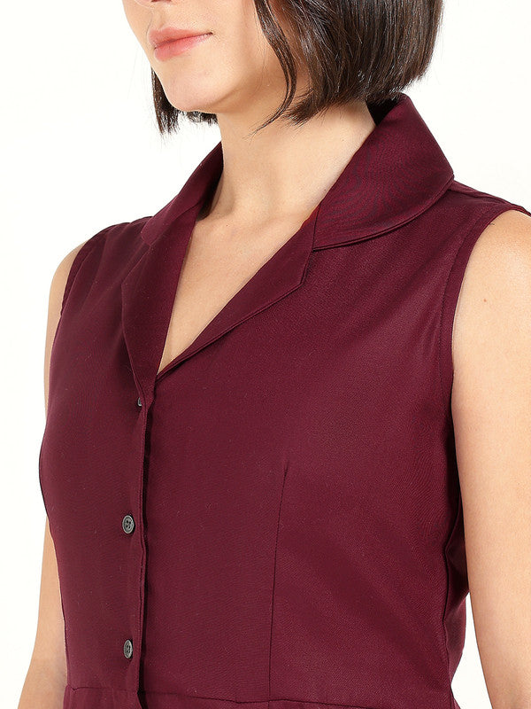 Women Maroon Solid Lapel Collar Viscose Rayon Sleeveless Dress