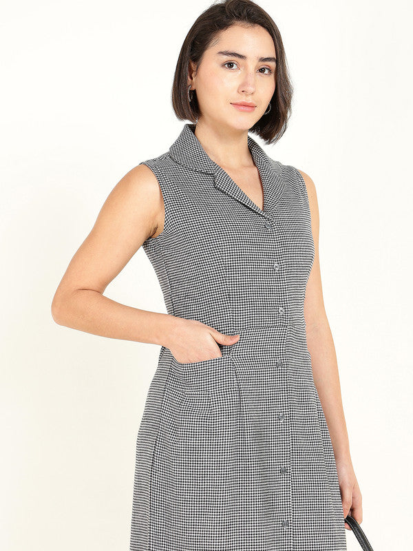 Women White & Black Houndstooth Flannel Weave Lapel Collar Pure Cotton Sleeveless Dress