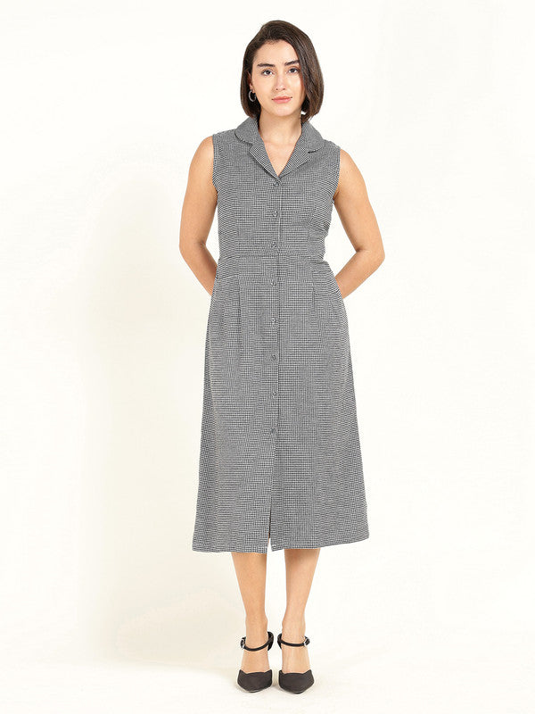 Women White & Black Houndstooth Flannel Weave Lapel Collar Pure Cotton Sleeveless Dress