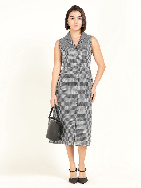 Women White & Black Houndstooth Flannel Weave Lapel Collar Pure Cotton Sleeveless Dress
