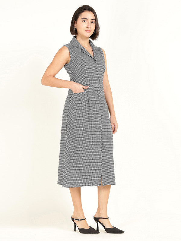 Women White & Black Houndstooth Flannel Weave Lapel Collar Pure Cotton Sleeveless Dress