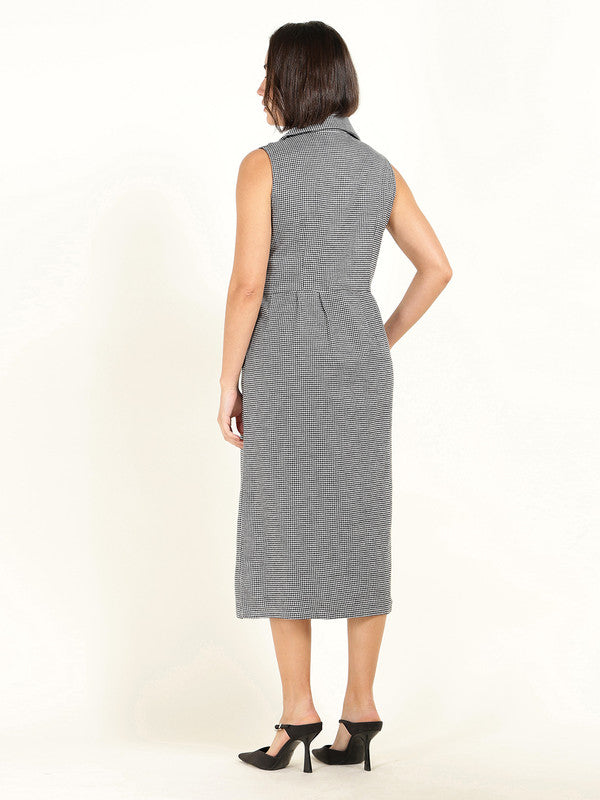 Women White & Black Houndstooth Flannel Weave Lapel Collar Pure Cotton Sleeveless Dress