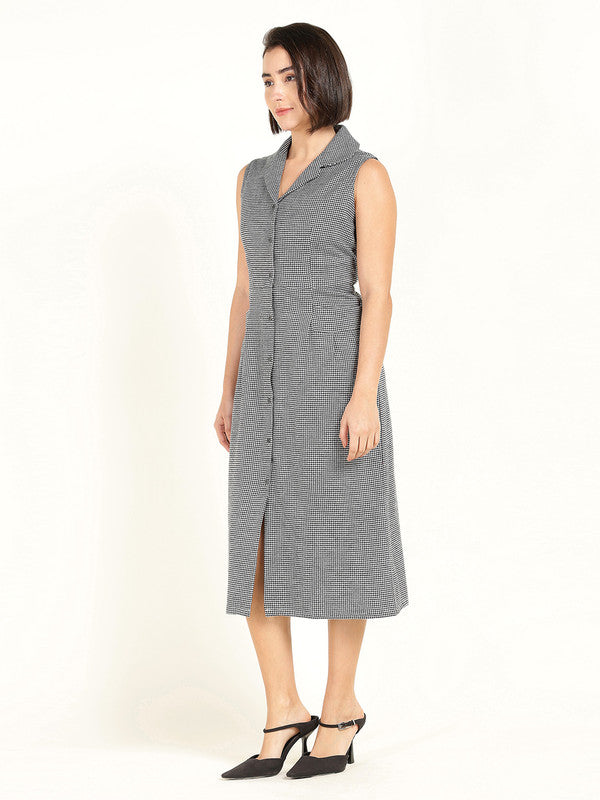 Women White & Black Houndstooth Flannel Weave Lapel Collar Pure Cotton Sleeveless Dress
