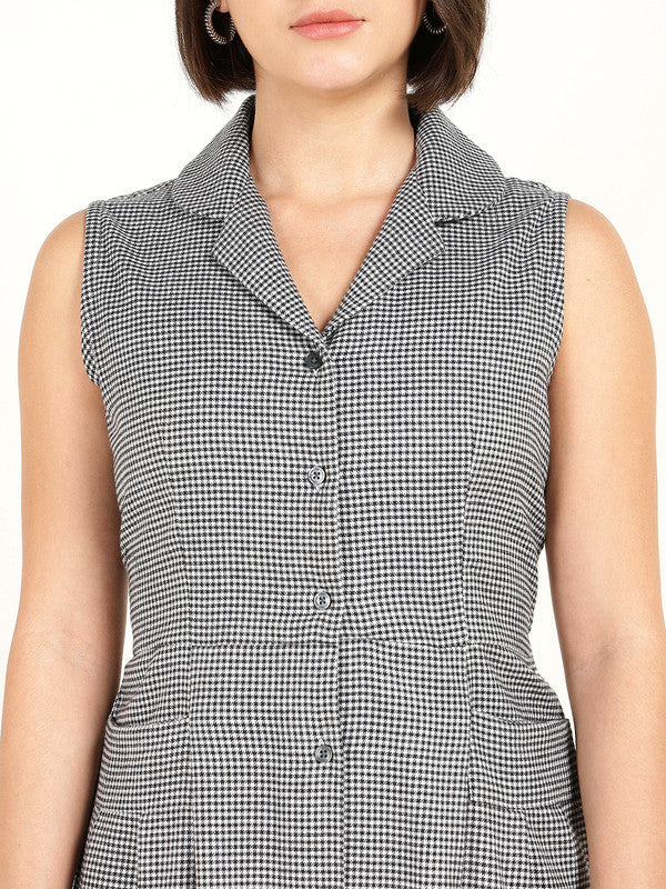 Women White & Black Houndstooth Flannel Weave Lapel Collar Pure Cotton Sleeveless Dress