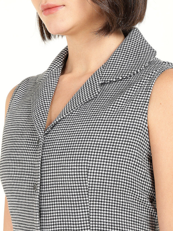 Women White & Black Houndstooth Flannel Weave Lapel Collar Pure Cotton Sleeveless Dress