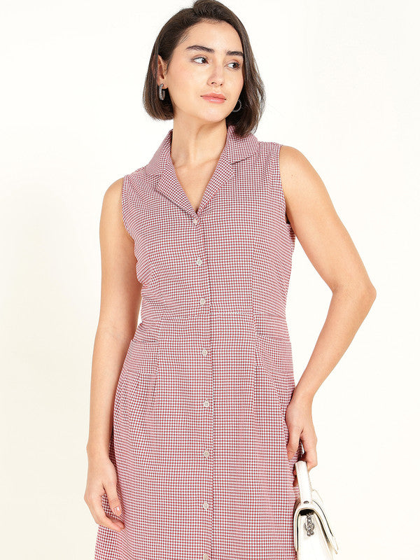 Women White & Red Micro Checked Lapel Collar Pure Cotton Sleeveless Dress