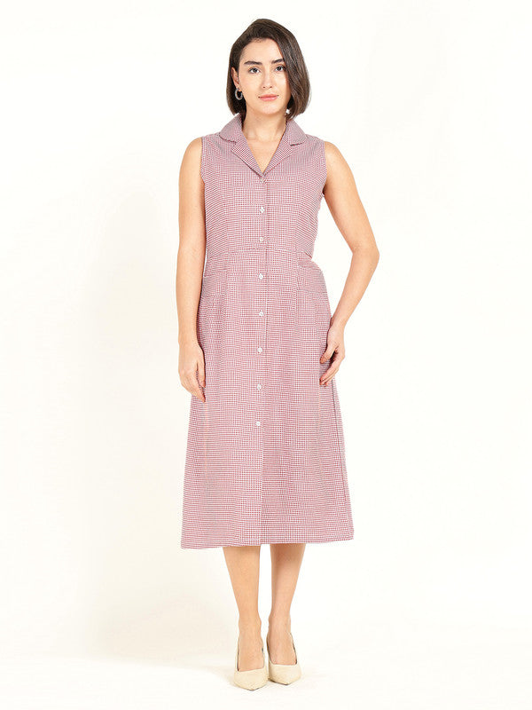 Women White & Red Micro Checked Lapel Collar Pure Cotton Sleeveless Dress