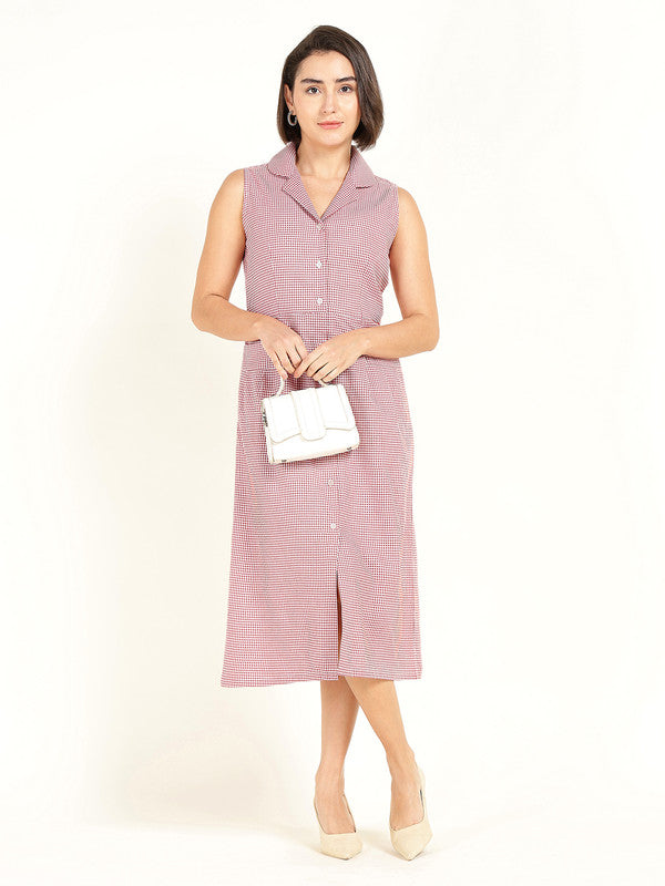 Women White & Red Micro Checked Lapel Collar Pure Cotton Sleeveless Dress