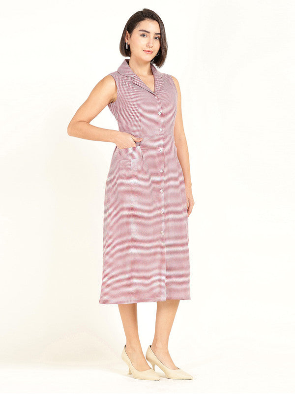 Women White & Red Micro Checked Lapel Collar Pure Cotton Sleeveless Dress