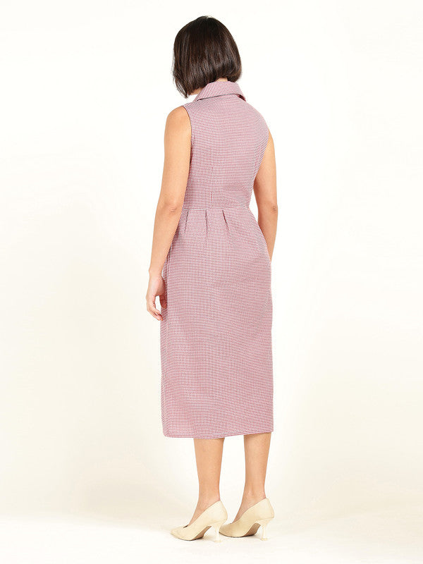 Women White & Red Micro Checked Lapel Collar Pure Cotton Sleeveless Dress