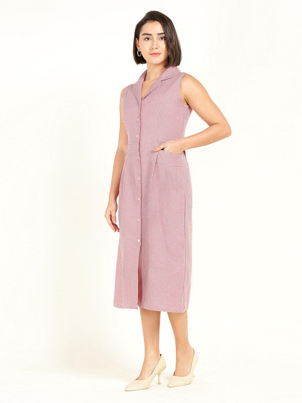 Women White & Red Micro Checked Lapel Collar Pure Cotton Sleeveless Dress