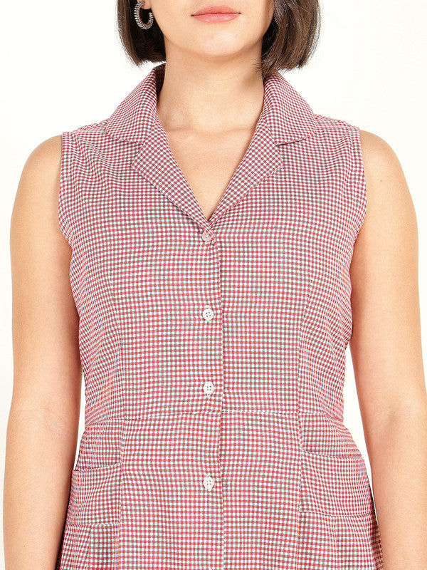 Women White & Red Micro Checked Lapel Collar Pure Cotton Sleeveless Dress