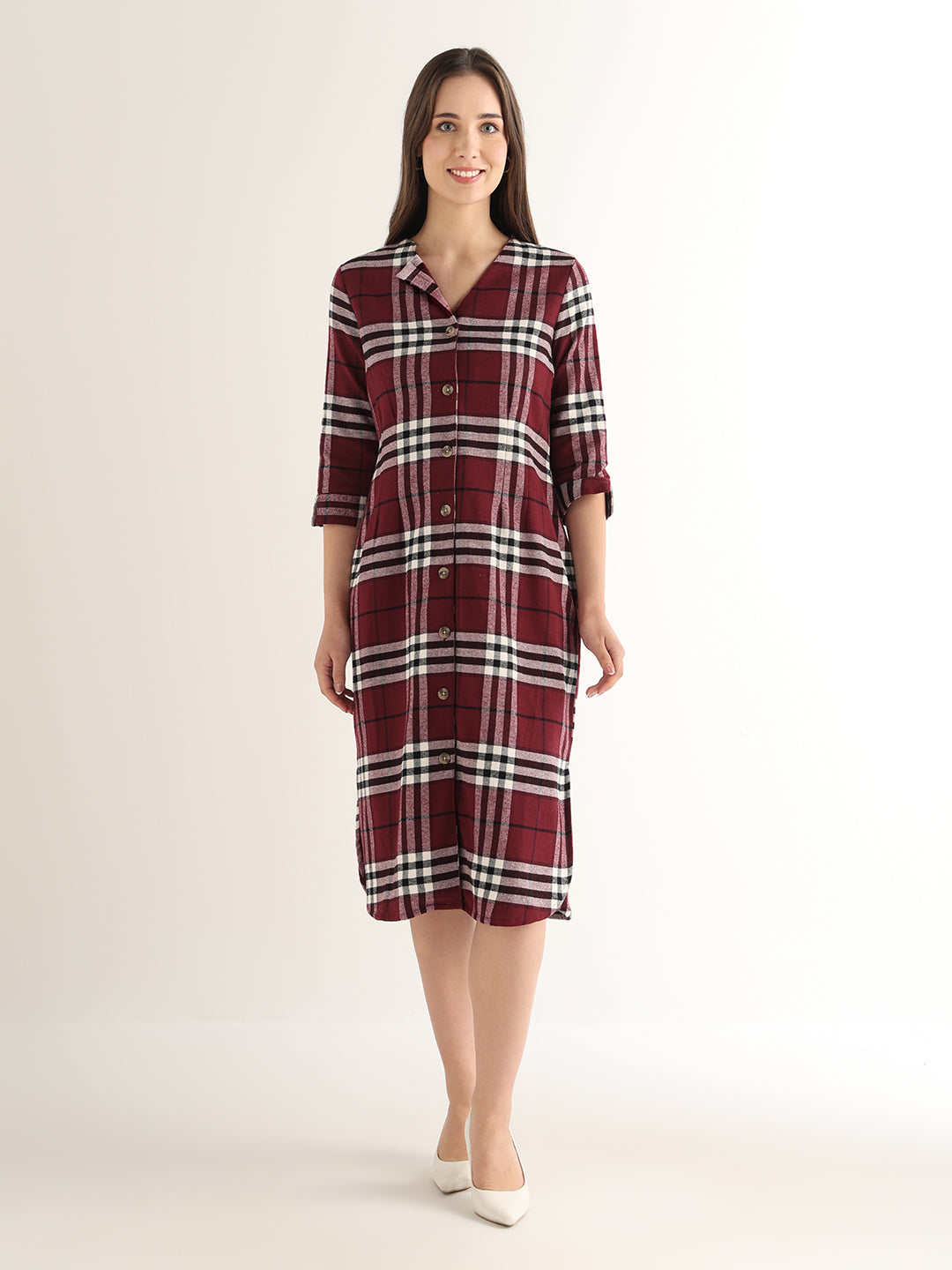 Hancock Women Maroon & Black Checked Pure Cotton Regular Fit Formal Dress