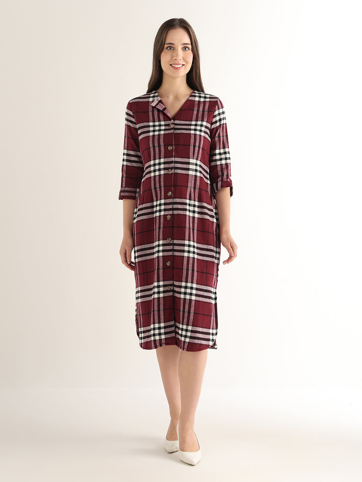 Hancock Women Maroon & Black Checked Pure Cotton Regular Fit Formal Dress