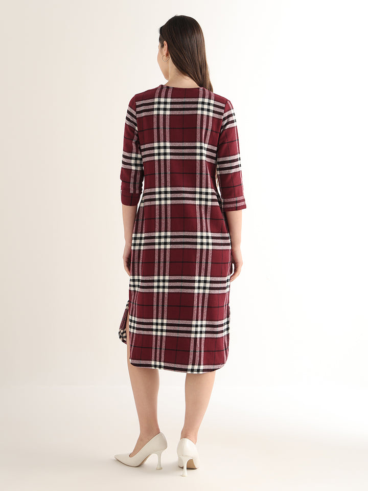 Hancock Women Maroon & Black Checked Pure Cotton Regular Fit Formal Dress