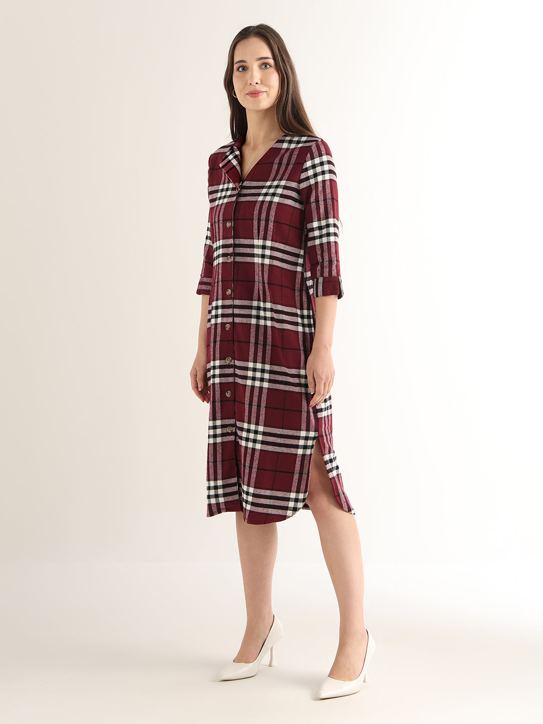Hancock Women Maroon & Black Checked Pure Cotton Regular Fit Formal Dress