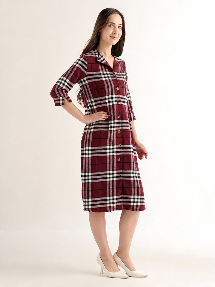 Hancock Women Maroon & Black Checked Pure Cotton Regular Fit Formal Dress