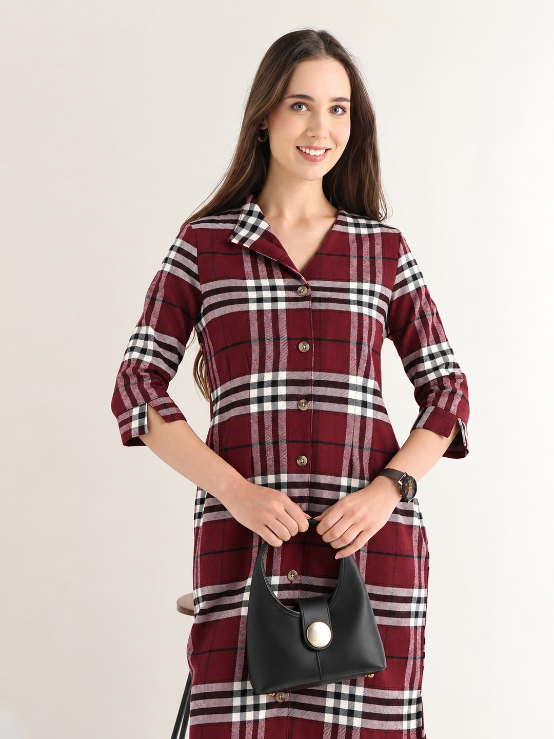 Hancock Women Maroon & Black Checked Pure Cotton Regular Fit Formal Dress