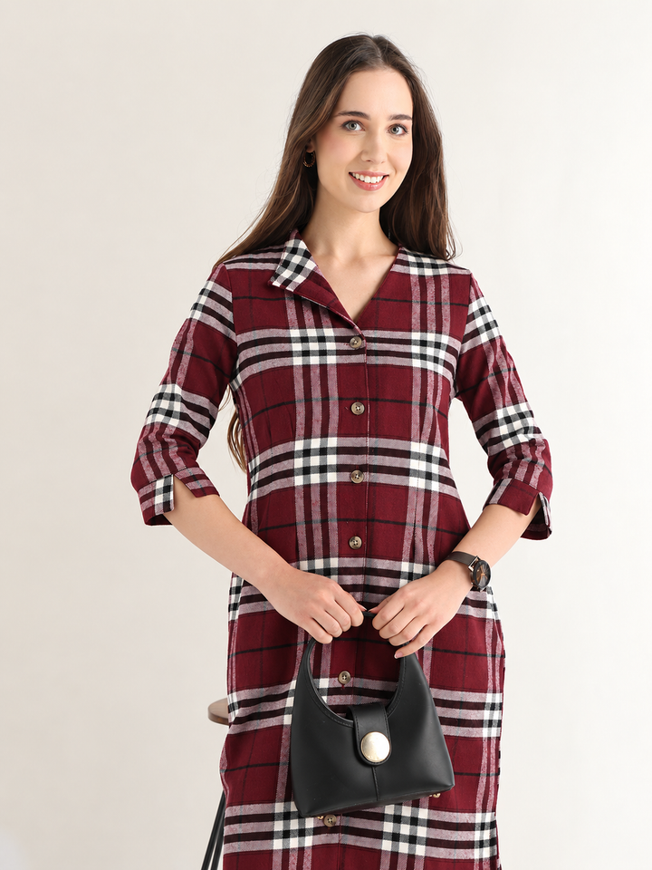 Hancock Women Maroon & Black Checked Pure Cotton Regular Fit Formal Dress
