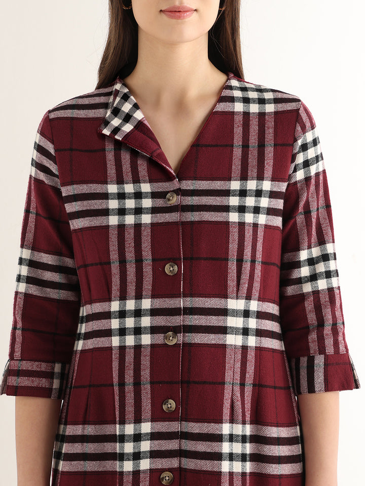Hancock Women Maroon & Black Checked Pure Cotton Regular Fit Formal Dress