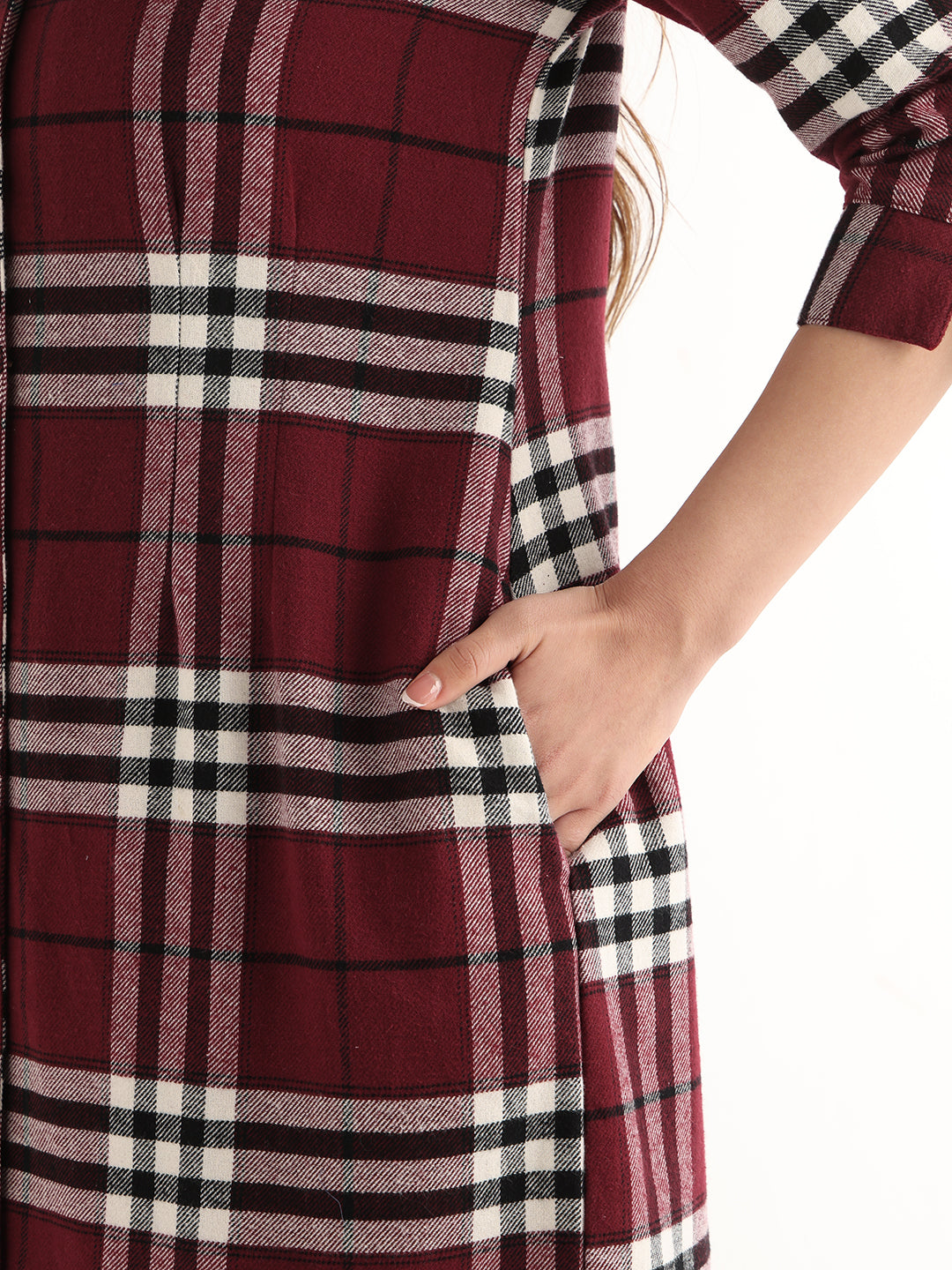 Hancock Women Maroon & Black Checked Pure Cotton Regular Fit Formal Dress