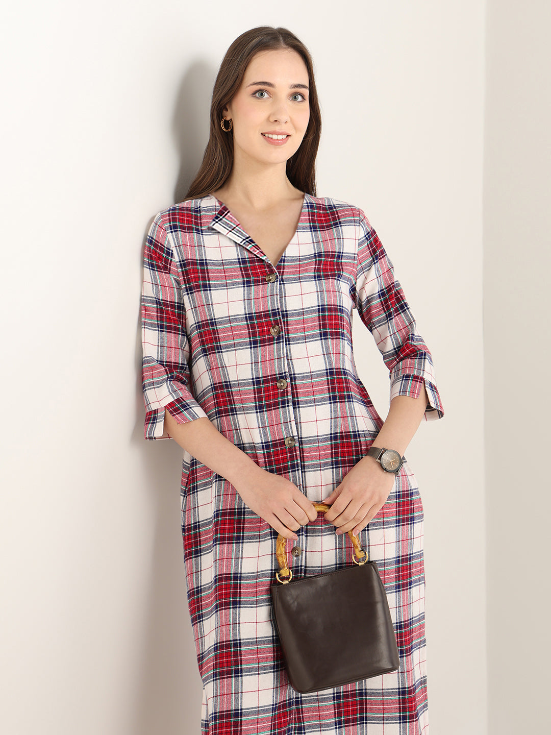 Hancock Women Red & White Checked Pure Cotton Regular Fit Formal Dress