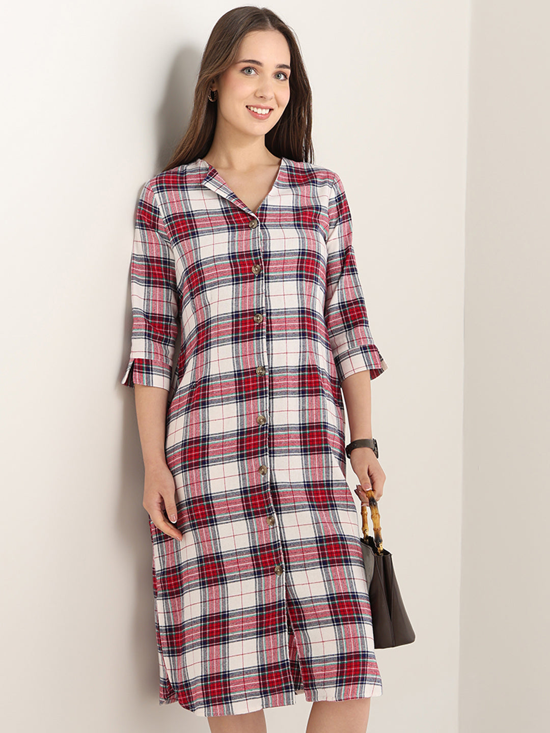 Hancock Women Red & White Checked Pure Cotton Regular Fit Formal Dress