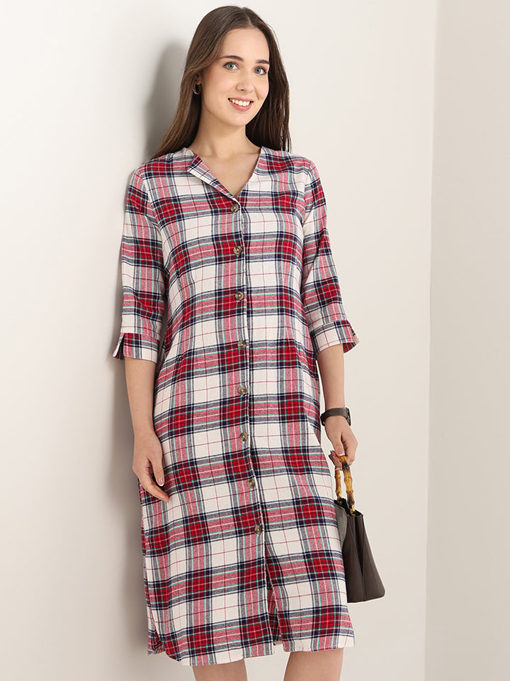Hancock Women Red & White Checked Pure Cotton Regular Fit Formal Dress