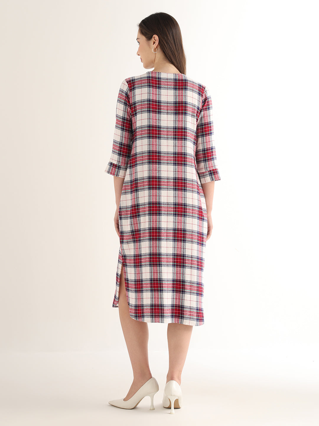 Hancock Women Red & White Checked Pure Cotton Regular Fit Formal Dress