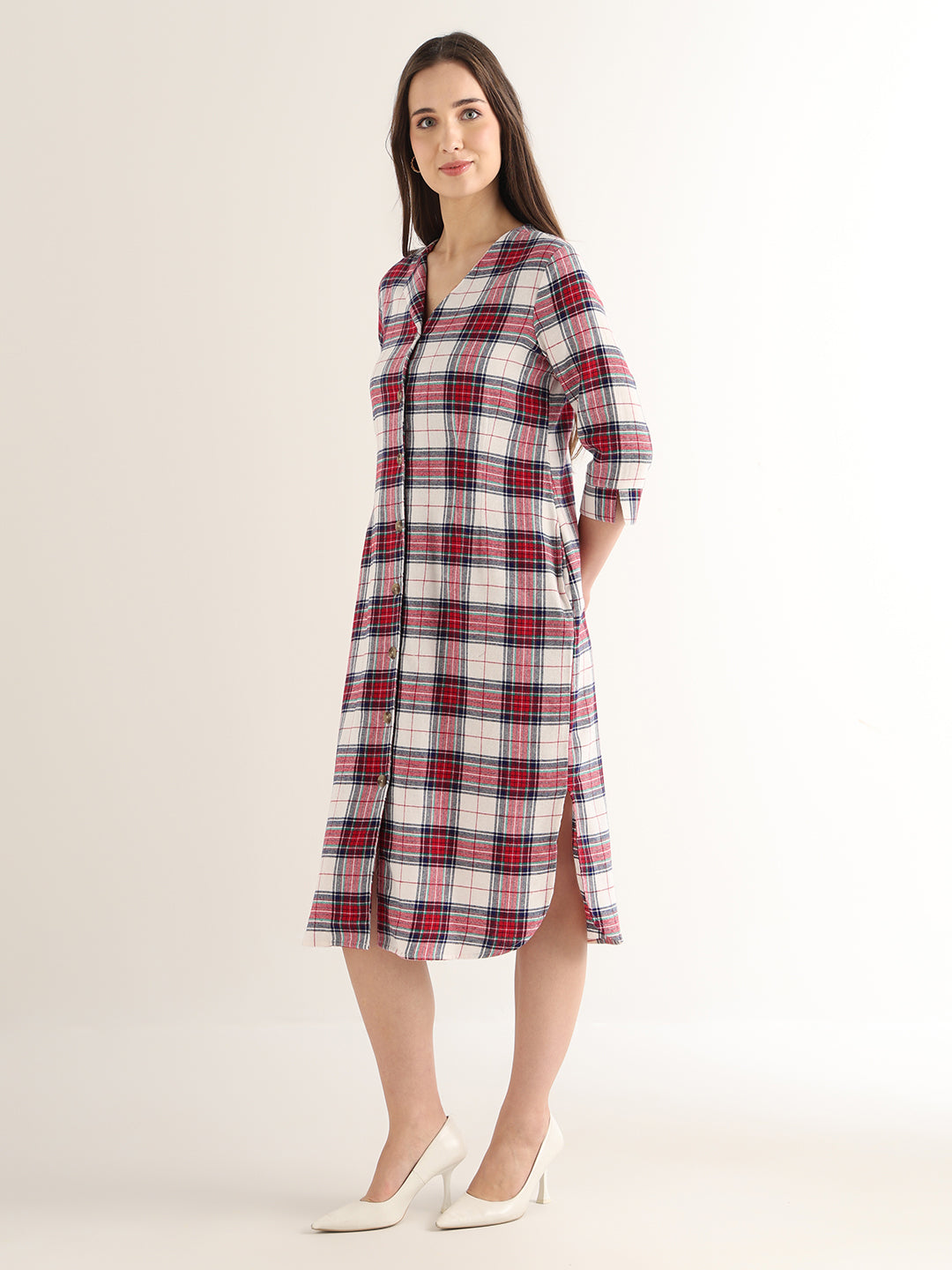 Hancock Women Red & White Checked Pure Cotton Regular Fit Formal Dress