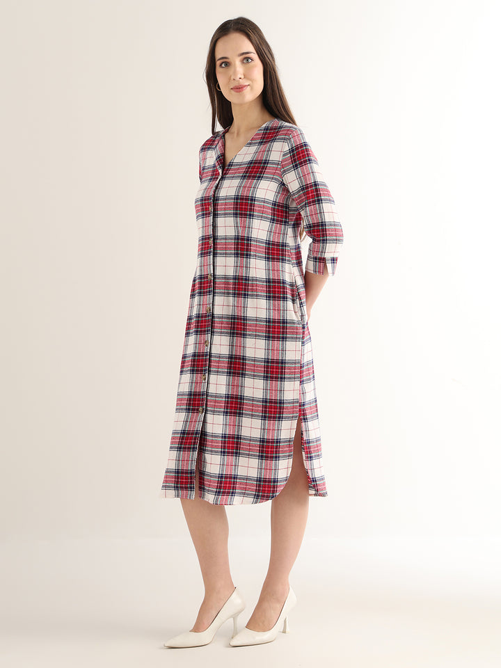 Hancock Women Red & White Checked Pure Cotton Regular Fit Formal Dress