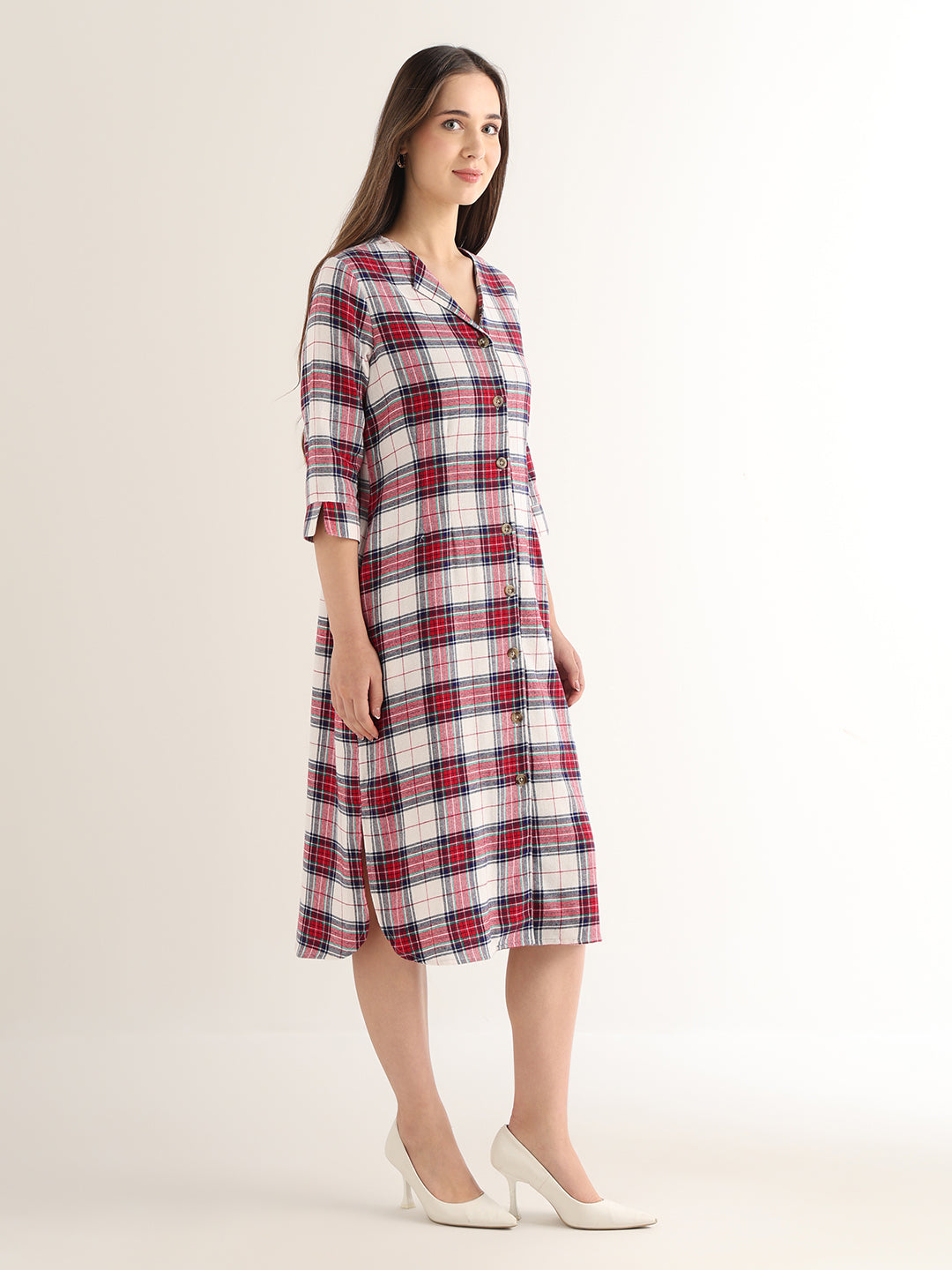 Hancock Women Red & White Checked Pure Cotton Regular Fit Formal Dress