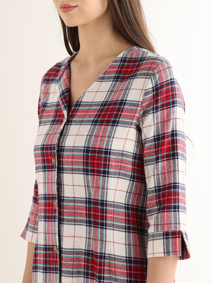 Hancock Women Red & White Checked Pure Cotton Regular Fit Formal Dress