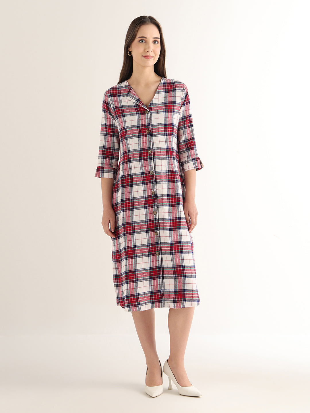 Hancock Women Red & White Checked Pure Cotton Regular Fit Formal Dress