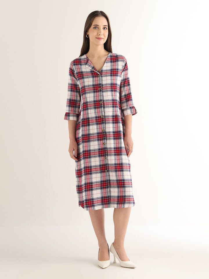 Hancock Women Red & White Checked Pure Cotton Regular Fit Formal Dress