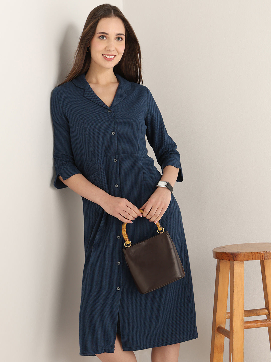 Hancock Women Navy Blue Solid Pure Cotton Regular Fit Formal Dress