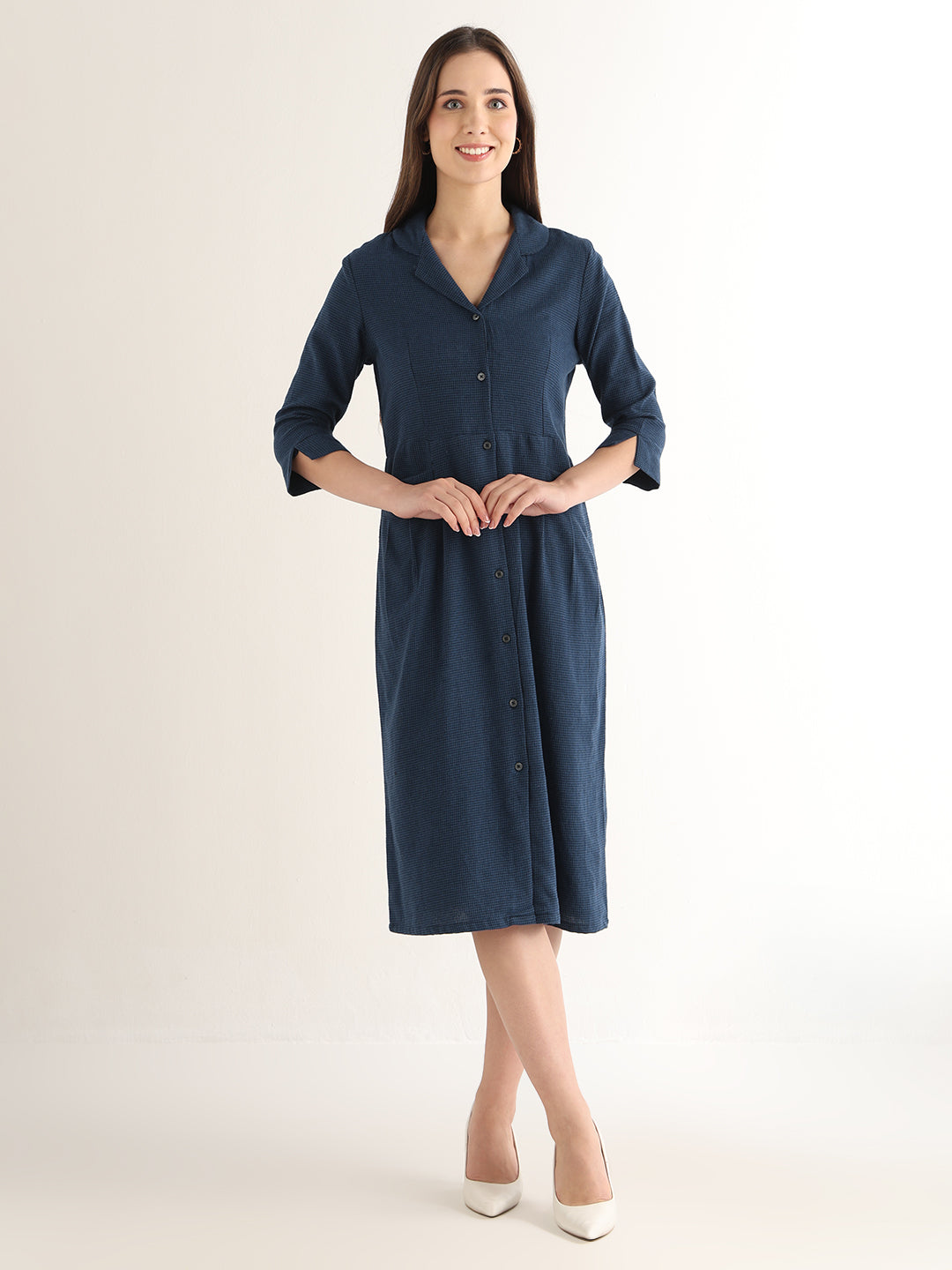 Hancock Women Navy Blue Solid Pure Cotton Regular Fit Formal Dress