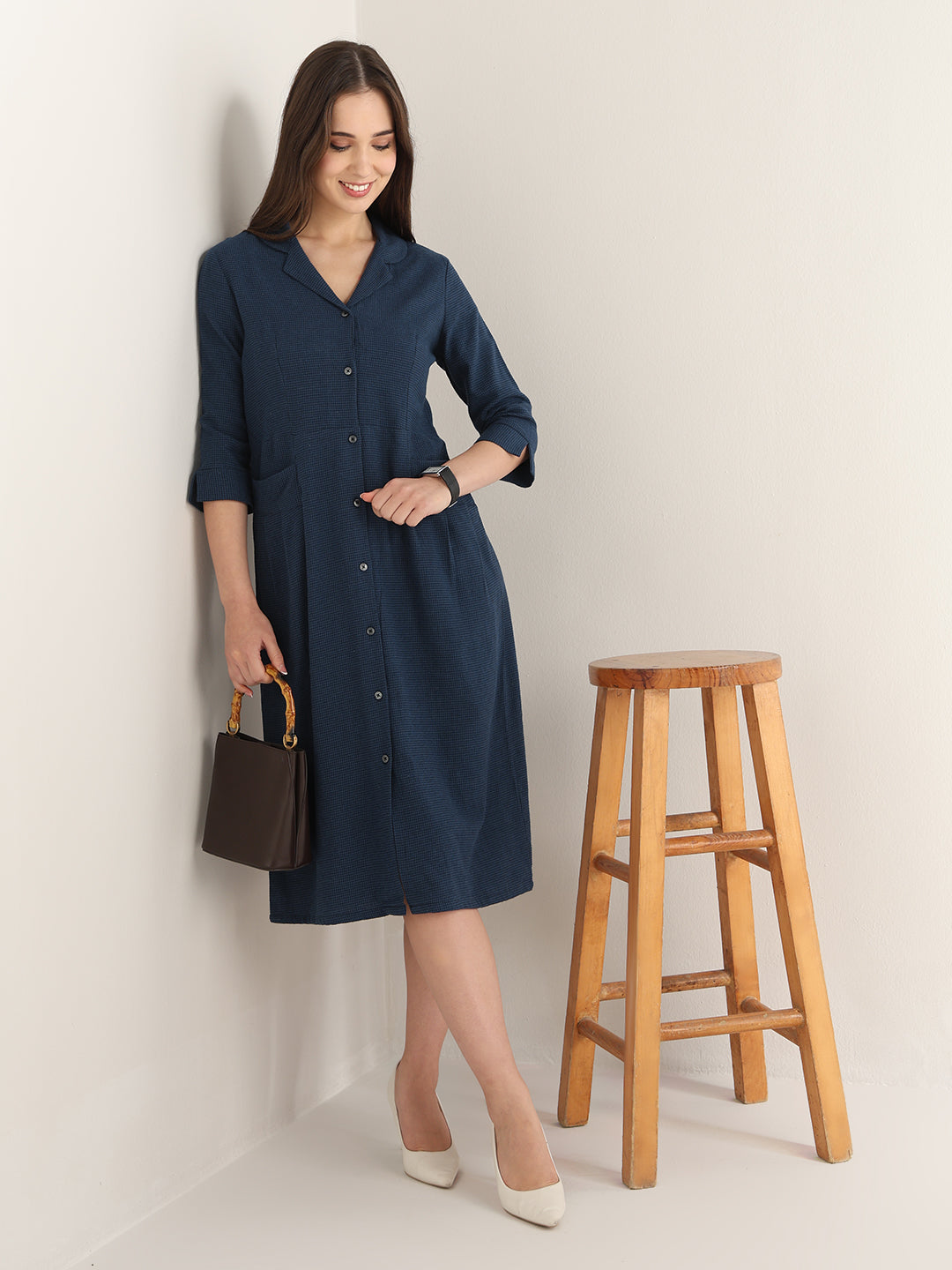 Hancock Women Navy Blue Solid Pure Cotton Regular Fit Formal Dress
