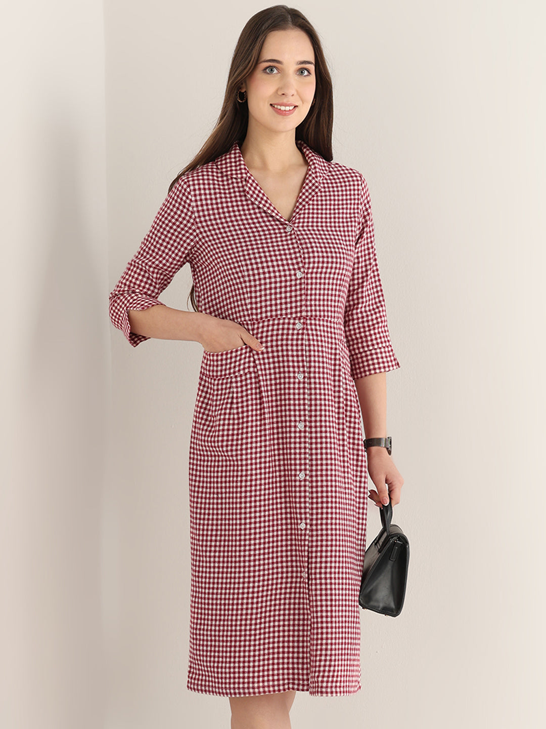 Hancock Women Maroon & White Checked Pure Cotton Regular Fit Formal Dress